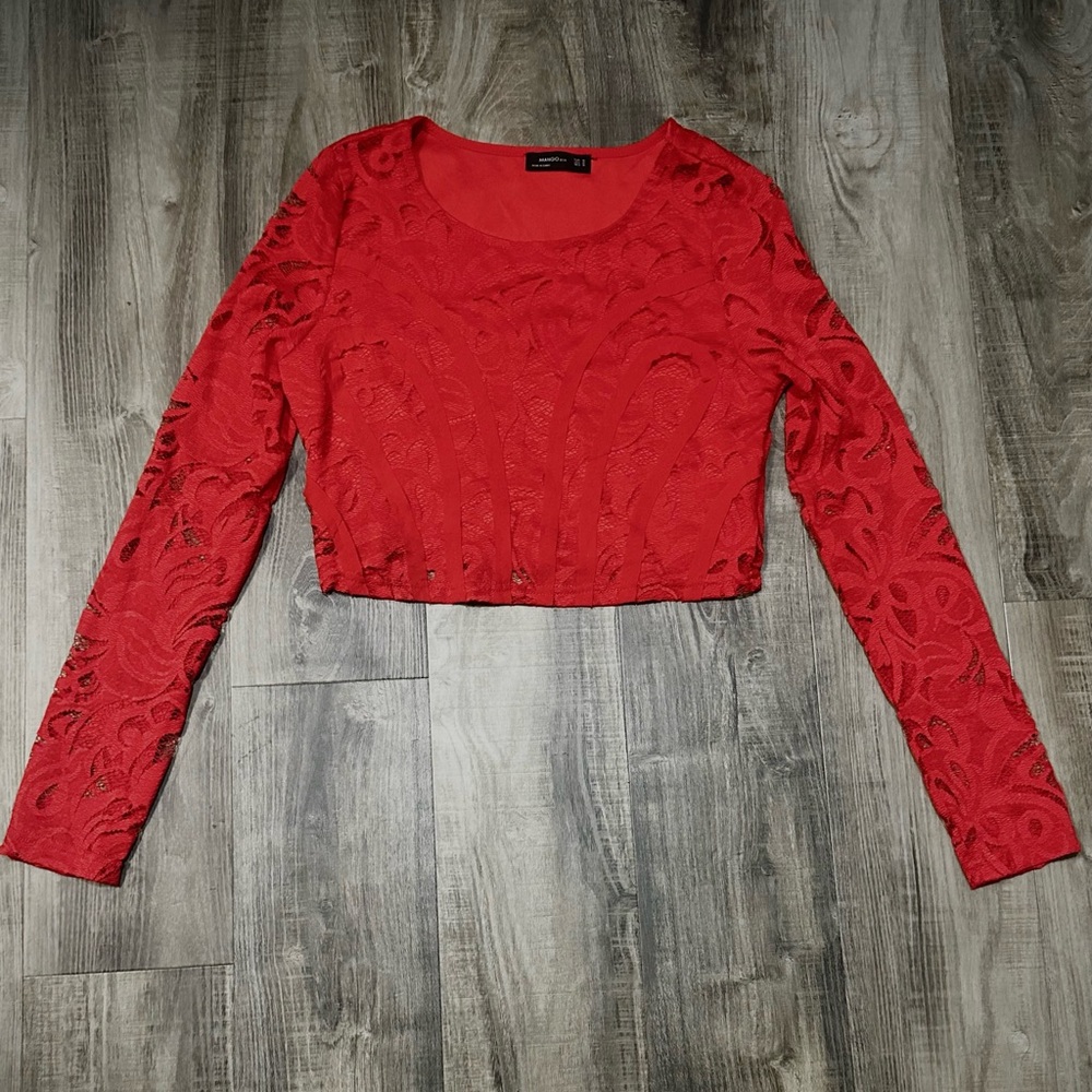 Mango Vibrant Red Lace Crop Top M - Picture 2 of 5